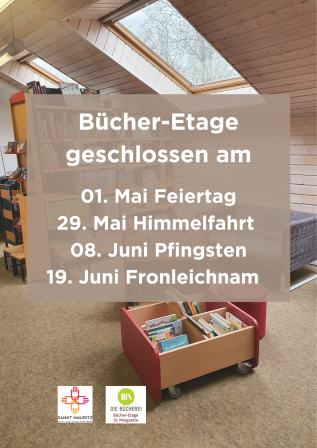 Bildmotiv Bücherei mit Hinweisen auf Schliesstage im Mai und Juni 2025