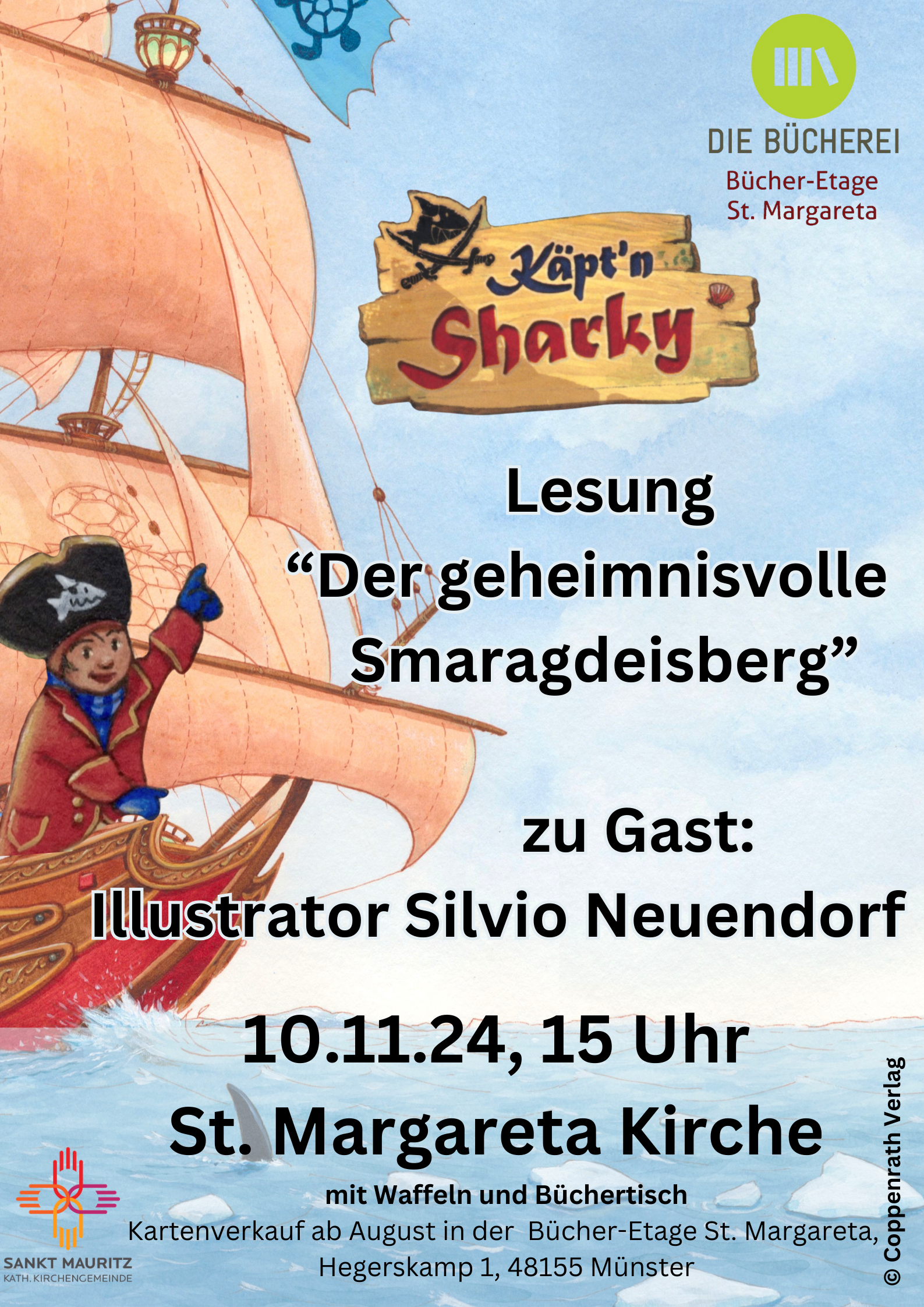 Segelschiff und Comic Figur weisen auf eine Lesung hin